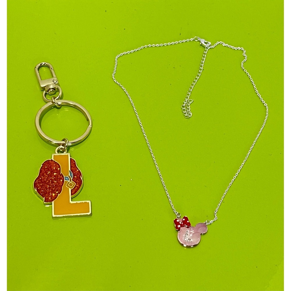 Disney Minnie Mouse, Lady T Initial L Necklace and Keychain Set Rose Gold Silver